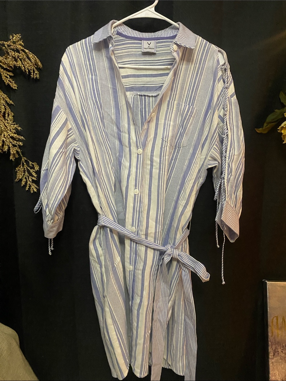V By Violet Weekend Light Blue & White Striped Shirt Dress With Belt & Pockets